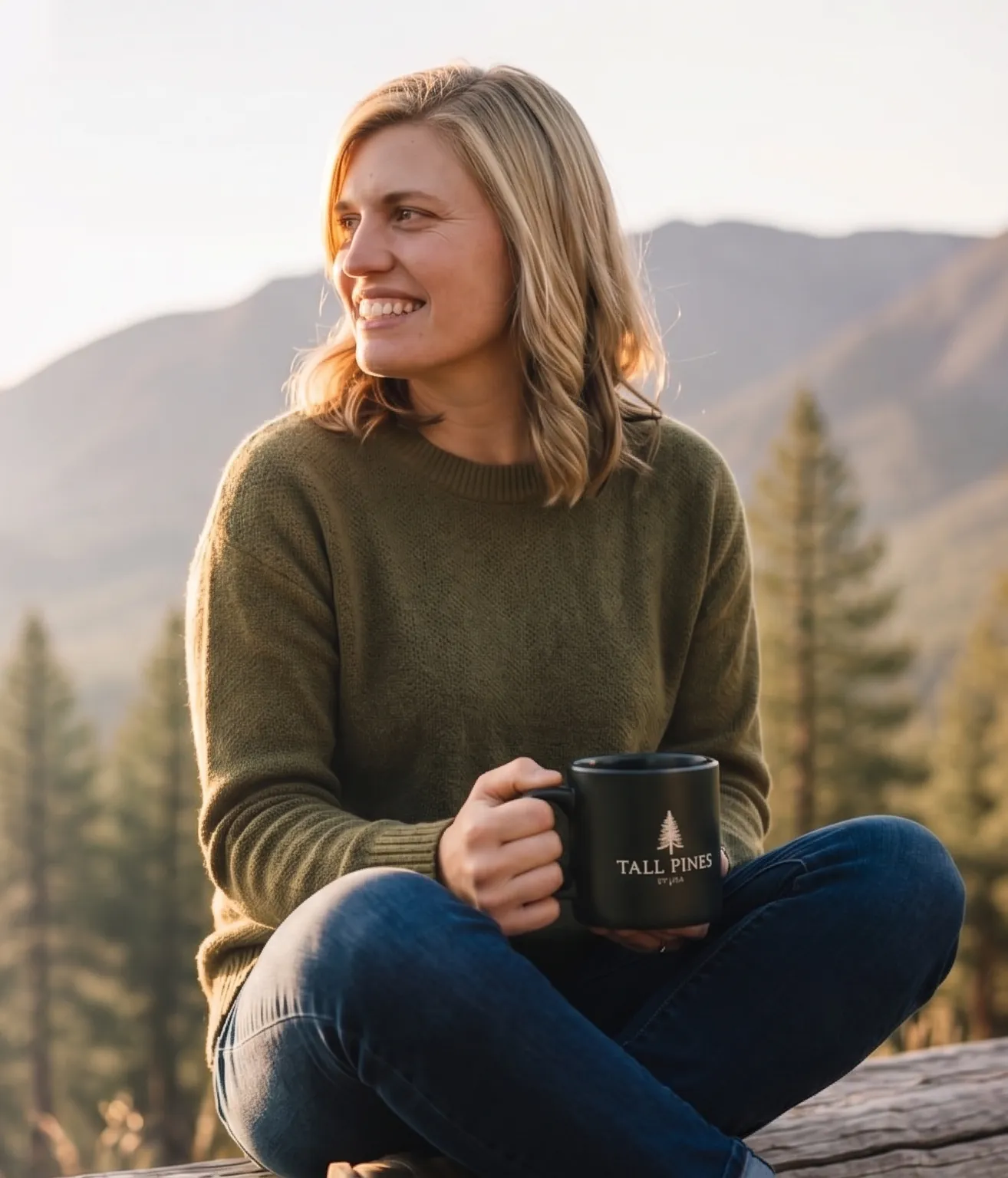 Woman holding a Tall Pines mug, sitting outdoors among pine trees at sunrise