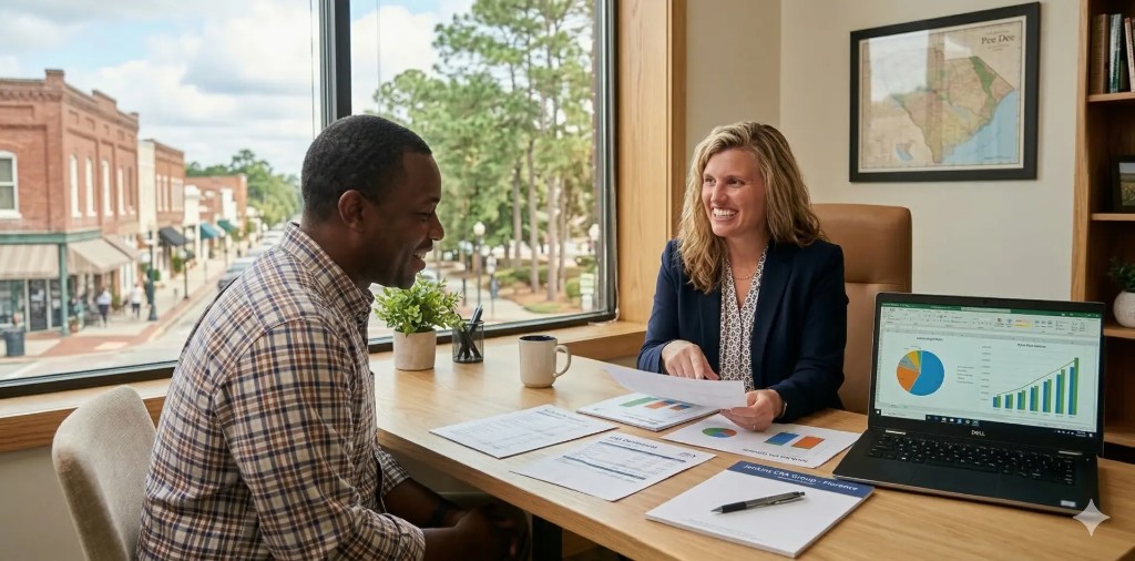 CPA and client reviewing financial documents in a Hartsville office with a view of the Pee Dee region